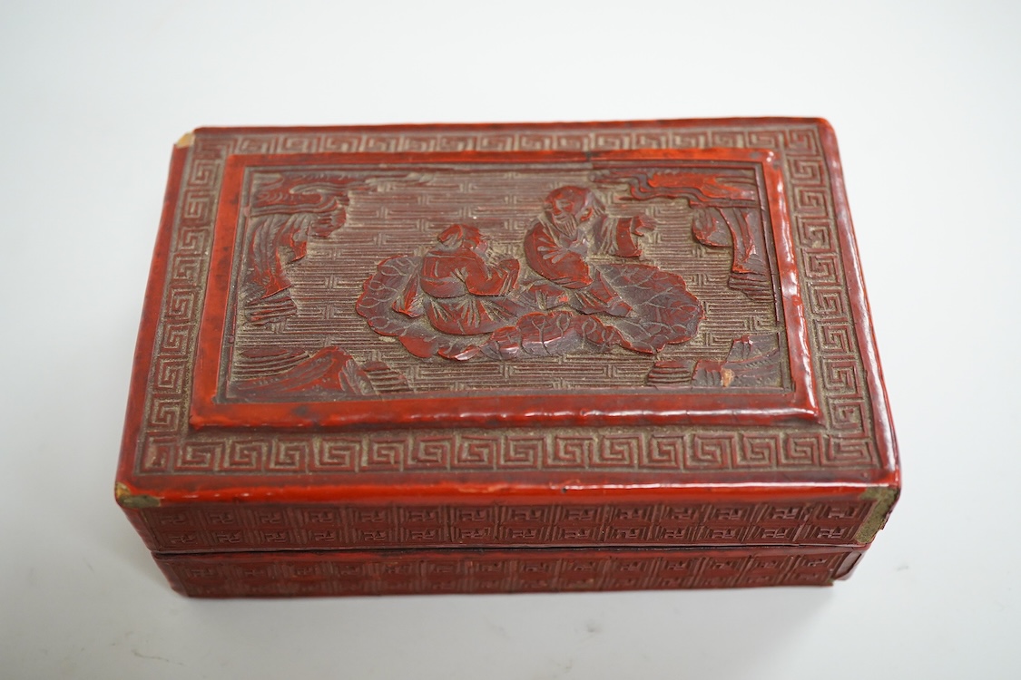 Two Chinese cinnabar lacquer boxes and a Chinese archaistic miniature bronze tripod censer, rectangular lacquer box 11.5cm high x 7.5cm deep